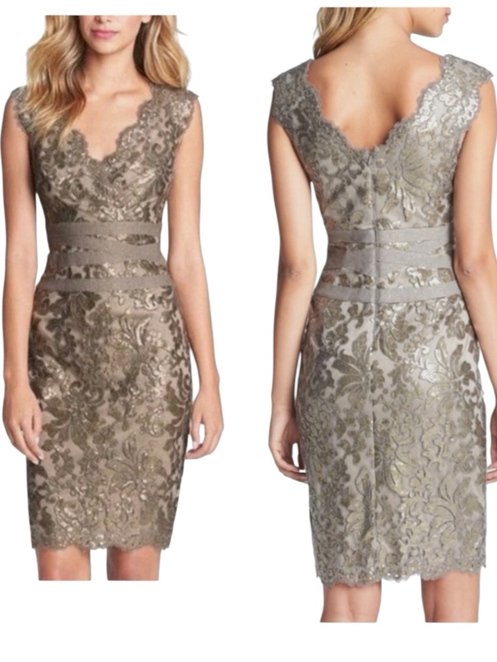 Tadashi Shoji Silver Lace Midi Dress